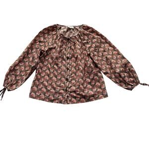 J Crew Cotton Ratti Prism Floral‎ Tie Sleeve Button Up Peasant Blouse Shirt  S